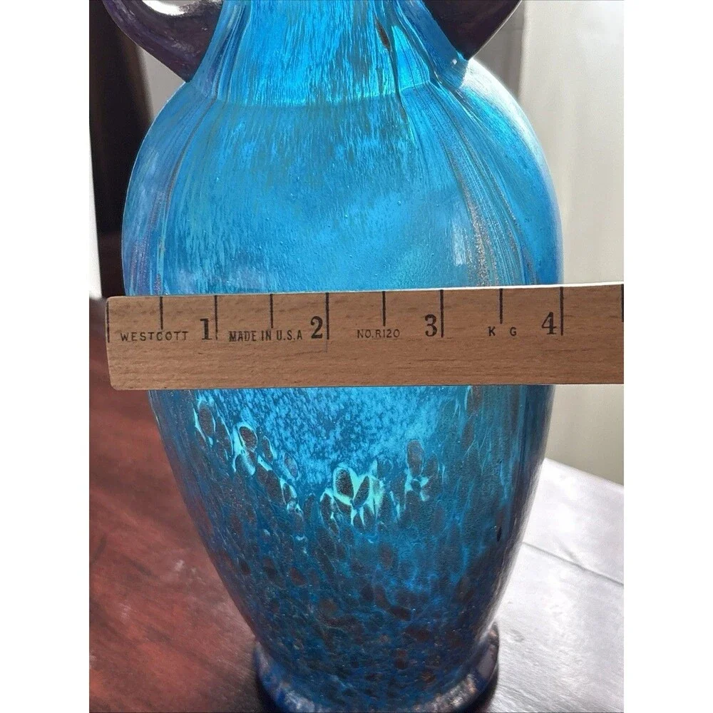 Dale Tiffany Turquoise Glass Vase w Infused Copper Design